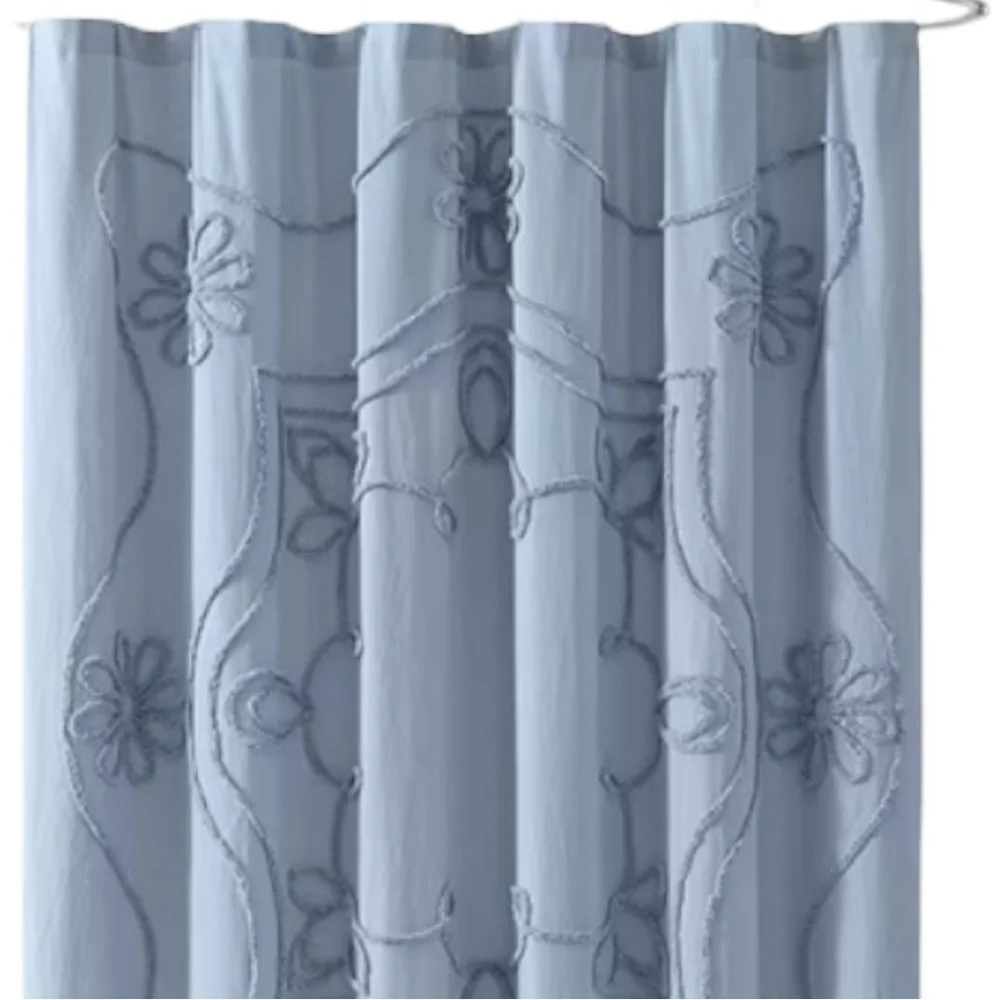 Retro Chenille Floral Scroll Blue Shower Curtain